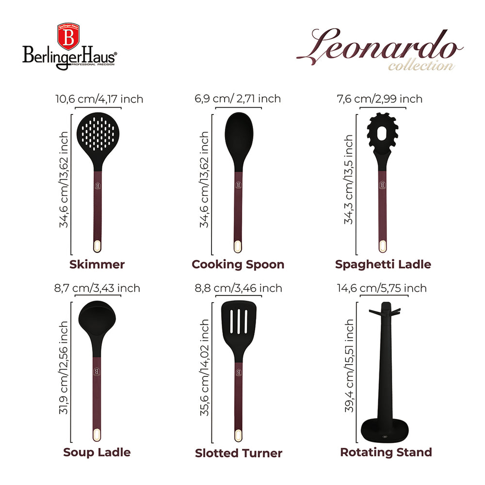 BerlingerHaus Set de Utensilios de Cocina con Soporte Mate Burdeos - Silicona - 6 piezas