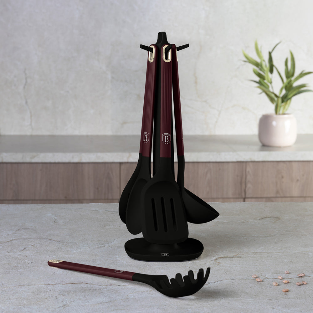 BerlingerHaus Set de Utensilios de Cocina con Soporte Mate Burdeos - Silicona - 6 piezas
