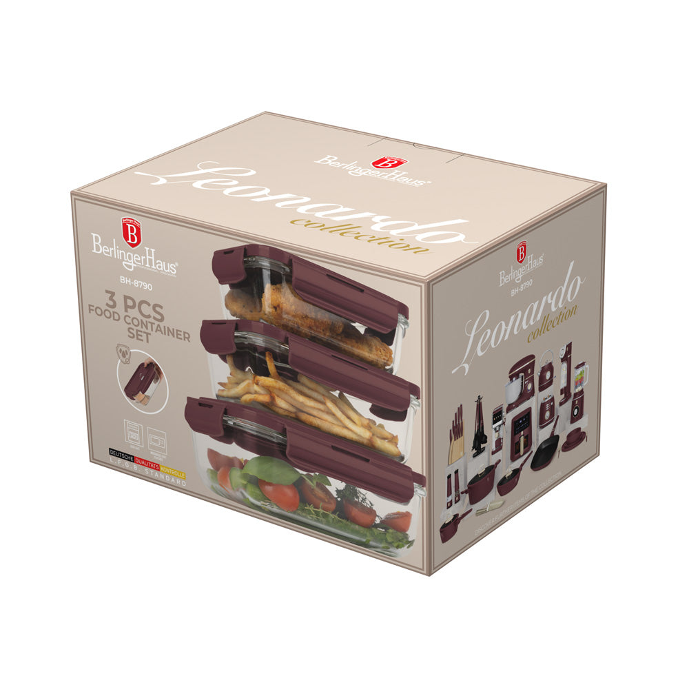 BerlingerHaus Tarros de Conservación de Vidrio Mate Burdeos - 3 piezas - 570 ml, 840 ml & 1.18 Litros