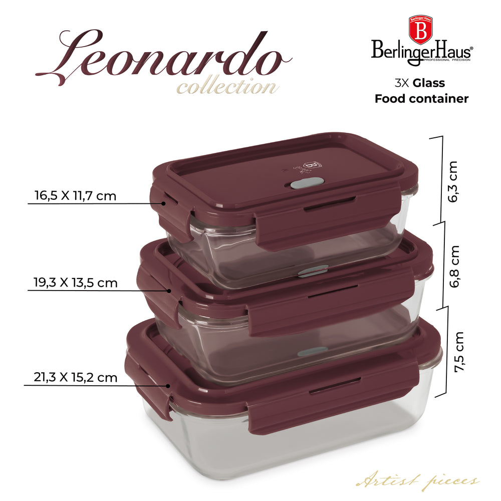 BerlingerHaus Tarros de Conservación de Vidrio Mate Burdeos - 3 piezas - 570 ml, 840 ml & 1.18 Litros