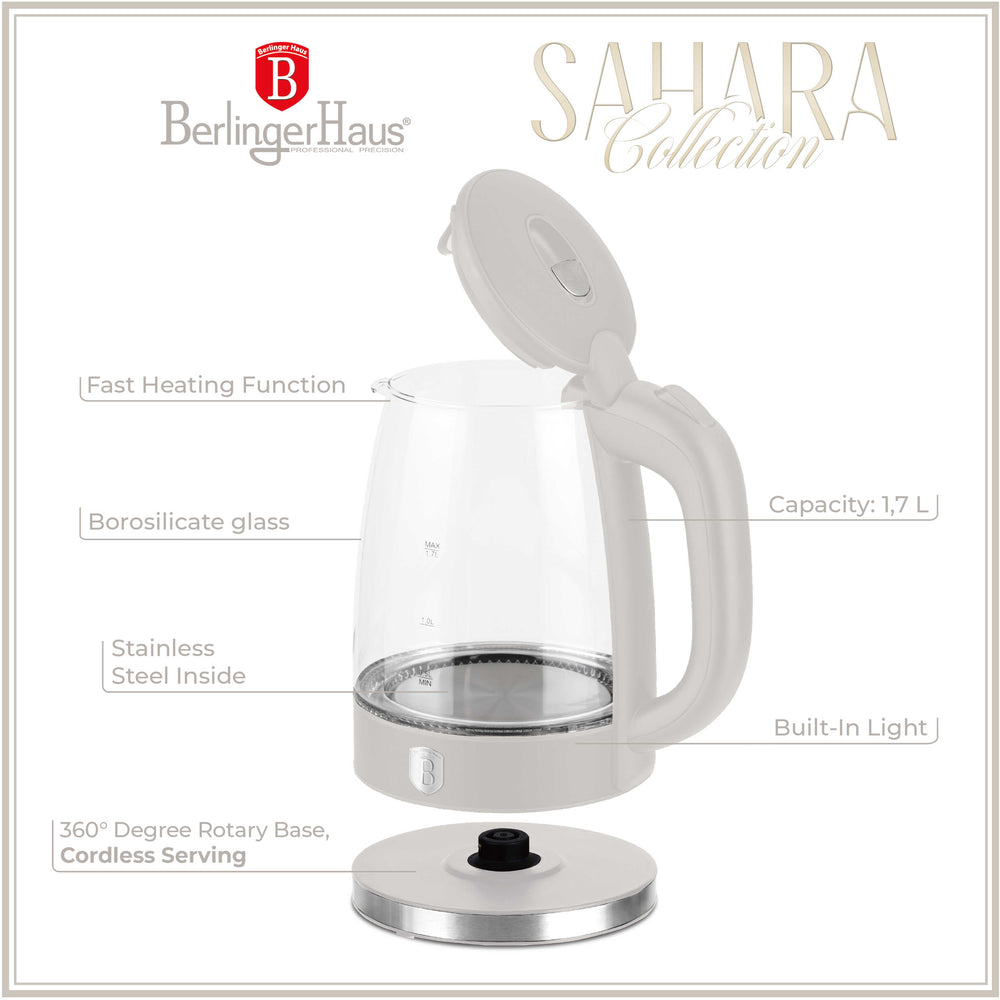 BerlingerHaus Hervidor de Agua Cristal Mate Crema - 1.7 Litros - 2200W
