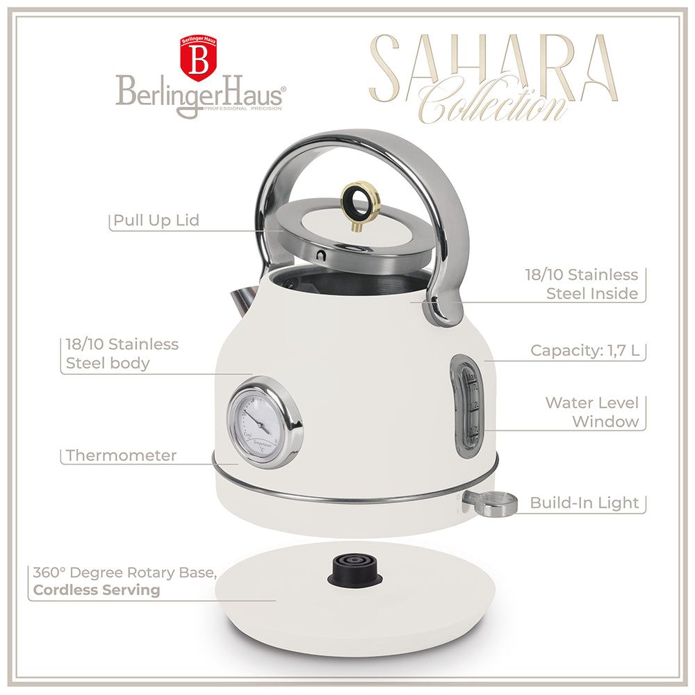 BerlingerHaus Hervidor de Agua Mate Crema - con Termómetro - 1.7 Litros - 2200W