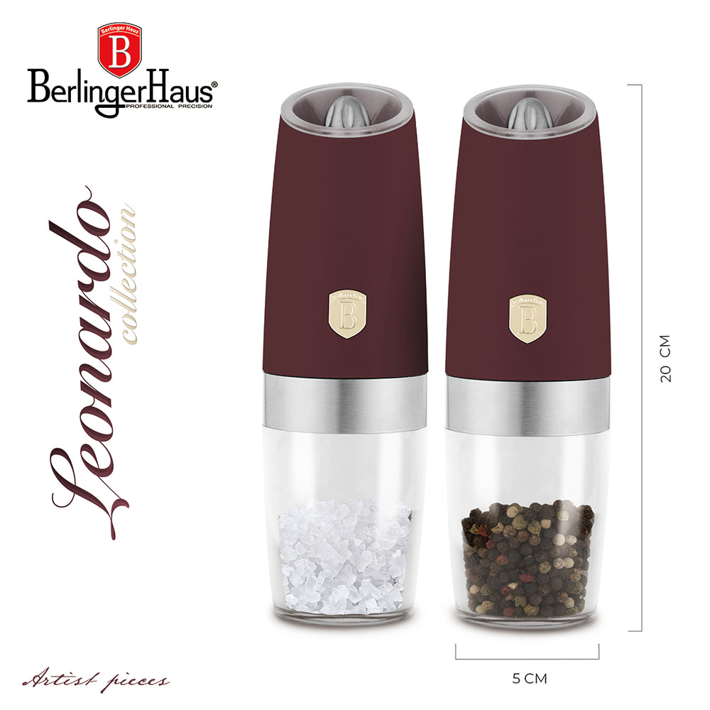 BerlingerHaus Set de Molinos de Sal y Pimienta Eléctrico Gravity Mat Burdeos - Molino Cerámico - 2 Piezas