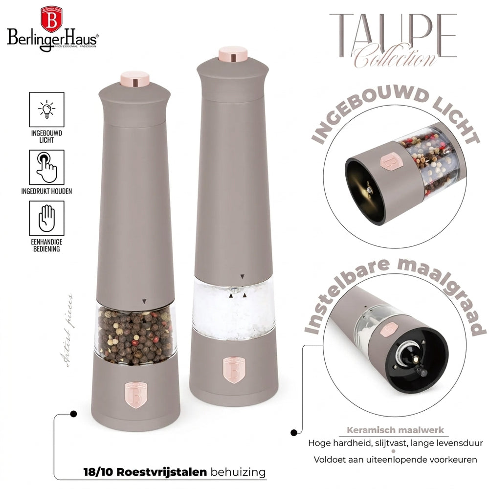 BerlingerHaus Set de Molinillos de Sal y Pimienta Eléctricos Taupe - Molino Cerámico - 2 Piezas
