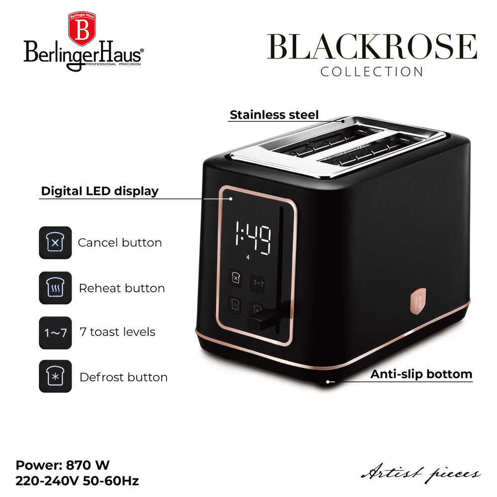 BerlingerHaus Tostadora Digital Negra Roségold - 2 Ranuras - 870W
