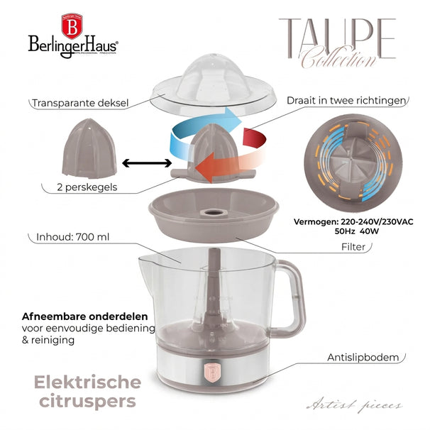 BerlingerHaus Exprimidor Eléctrico de Cítricos / Exprimidor de Naranjas Taupe - 0,7 L - 40 W