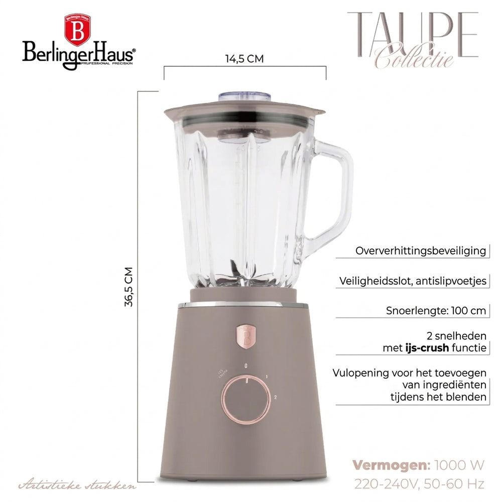 BerlingerHaus Licuadora Taupe - Jarra de Vidrio - 1.5 Litros - 1000W