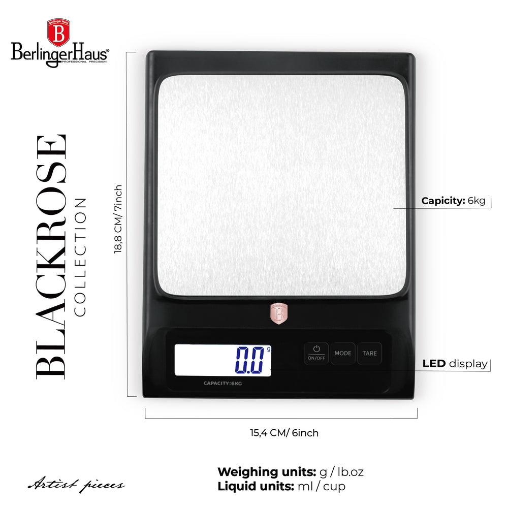 BerlingerHaus Báscula de Cocina Digital Negra Roségold - Máximo 6 kg