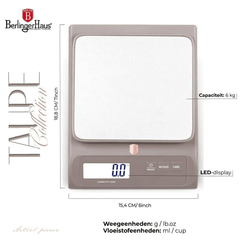 BerlingerHaus Báscula de Cocina Digital Taupe - Máximo 6 kg