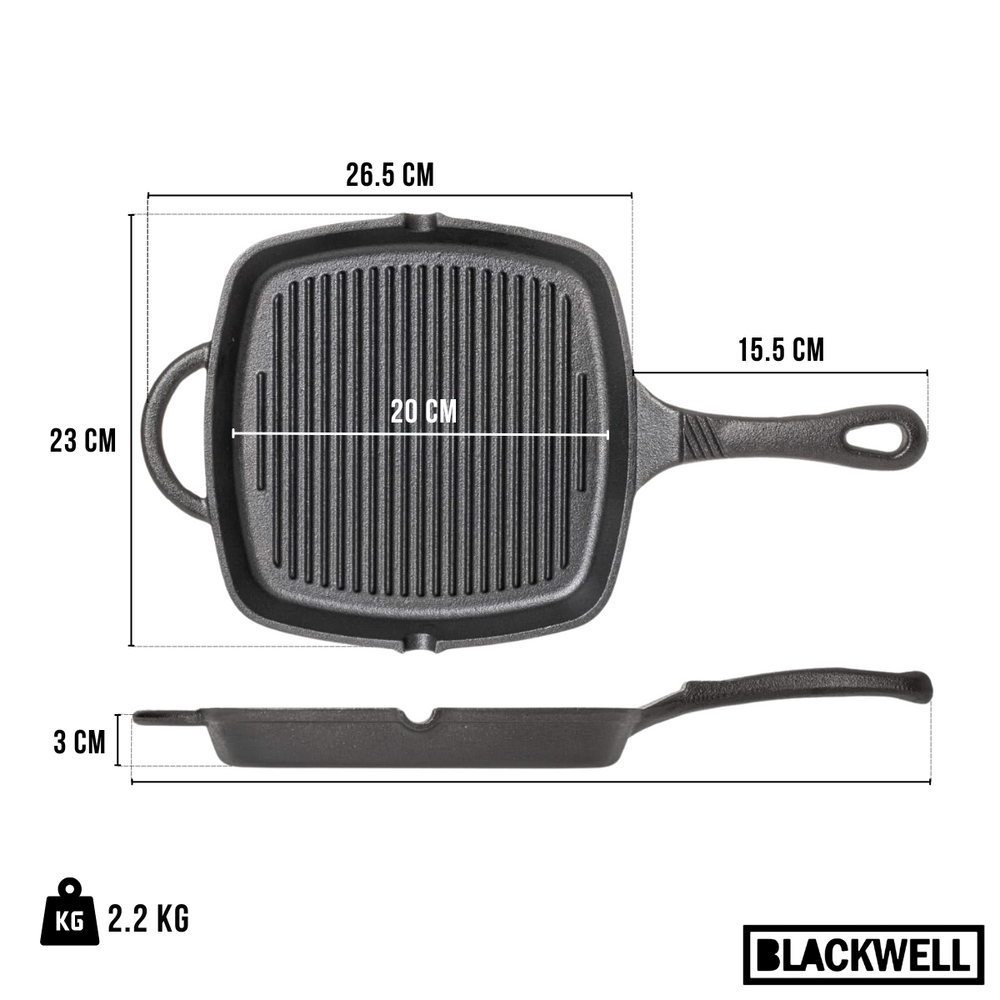 Sartén parrilla Blackwell de hierro fundido 23 x 23 cm - apto para todas las fuentes de calor - sin recubrimiento antiadherente