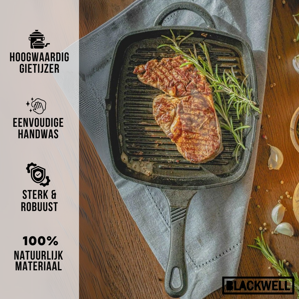 Sartén parrilla Blackwell de hierro fundido 23 x 23 cm - apto para todas las fuentes de calor - sin recubrimiento antiadherente