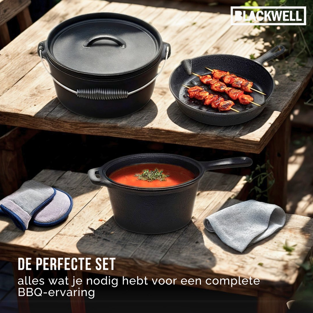 Set de horno holandés para barbacoa Blackwell de hierro fundido 4 piezas - Olla de asar + elevador, sartén ø 20 cm y plancha de parrilla ø 30 cm - apto para todas las fuentes de calor - sin recubrimiento antiadherente