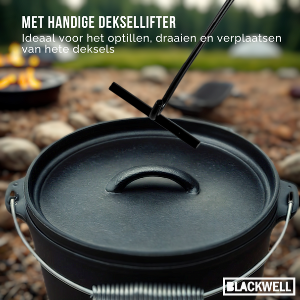 Set de horno holandés para barbacoa Blackwell de hierro fundido 4 piezas - Olla de asar + elevador, sartén ø 20 cm y plancha de parrilla ø 30 cm - apto para todas las fuentes de calor - sin recubrimiento antiadherente