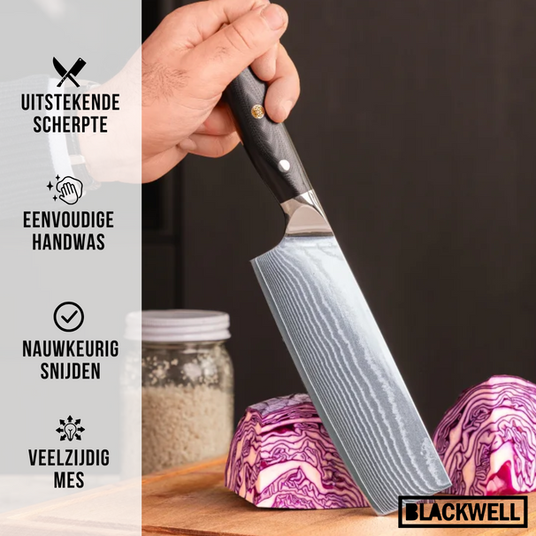 Cuchillo Nakiri Blackwell para verduras estilo japonés - 67 capas de acero damasco - VG10 - 17,5 cm