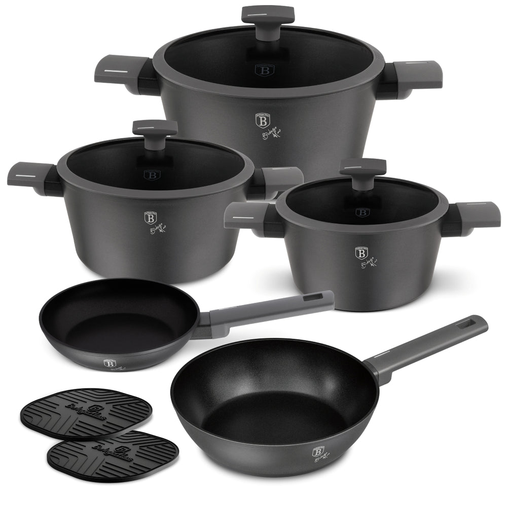 Juego de ollas Berlinger Haus Antracita Mate 7 Piezas - Olla ø 20, 24, 28 cm, Sartén ø 20 & 24 cm - adecuado para todas las fuentes de calor