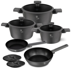 BerlingerHaus Set de Sarten Mat Antraciet 7 Piezas - Cacerola ø 20, 24, 28 cm, Sartén ø 20 & 24 cm - apto para todas las fuentes de calor