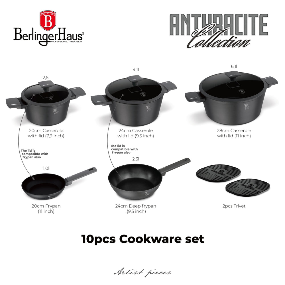 BerlingerHaus Set de Sarten Mat Antraciet 7 Piezas - Cacerola ø 20, 24, 28 cm, Sartén ø 20 & 24 cm - apto para todas las fuentes de calor
