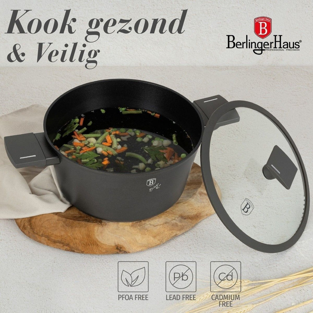 BerlingerHaus Set de Sarten Mat Antraciet 7 Piezas - Cacerola ø 20, 24, 28 cm, Sartén ø 20 & 24 cm - apto para todas las fuentes de calor