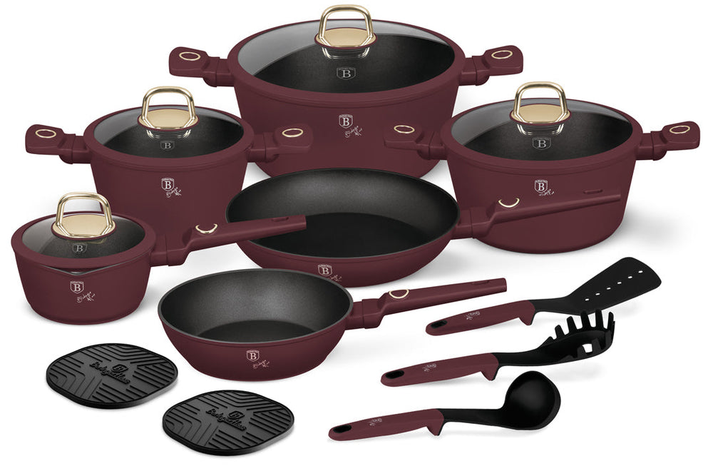 BerlingerHaus Pannenset Mat Bordeaux 11-Delig - Kookpan ø 20, 24, 28 cm, Koekenpan ø 24, 28 cm & Steelpan ø 16 cm - adecuado para todas las fuentes de calor
