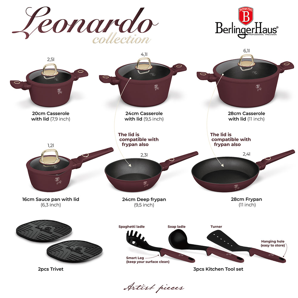 BerlingerHaus Pannenset Mat Bordeaux 11-Delig - Kookpan ø 20, 24, 28 cm, Koekenpan ø 24, 28 cm & Steelpan ø 16 cm - adecuado para todas las fuentes de calor