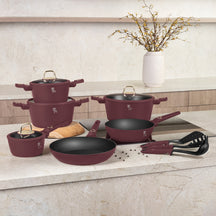 BerlingerHaus Pannenset Mat Bordeaux 11-Delig - Kookpan ø 20, 24, 28 cm, Koekenpan ø 24, 28 cm & Steelpan ø 16 cm - adecuado para todas las fuentes de calor