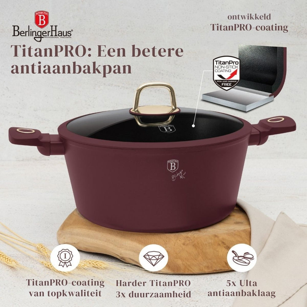 BerlingerHaus Pannenset Mat Bordeaux 11-Delig - Kookpan ø 20, 24, 28 cm, Koekenpan ø 24, 28 cm & Steelpan ø 16 cm - adecuado para todas las fuentes de calor