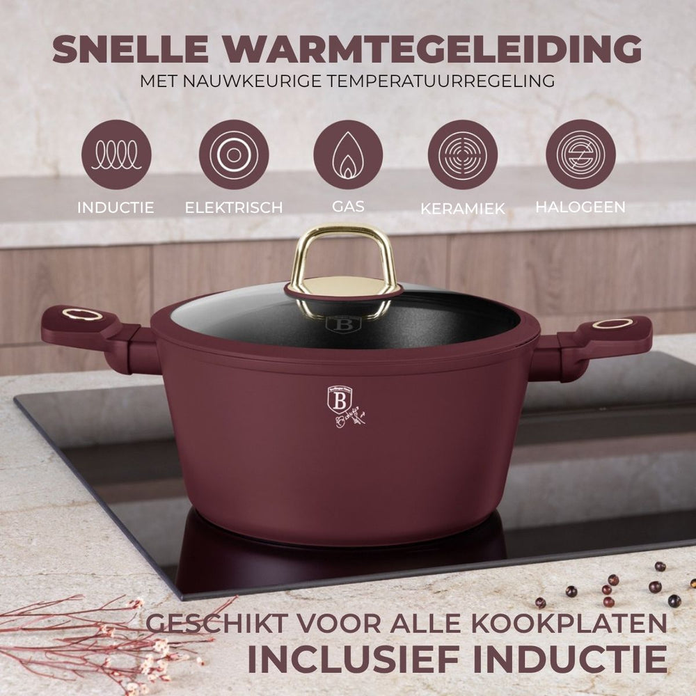 BerlingerHaus Pannenset Mat Bordeaux 11-Delig - Kookpan ø 20, 24, 28 cm, Koekenpan ø 24, 28 cm & Steelpan ø 16 cm - adecuado para todas las fuentes de calor