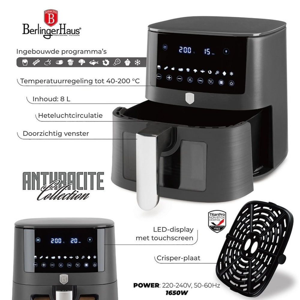 BerlingerHaus Airfryer XXXL Mat Antraciet - con ventana - 8 litros - 1650W