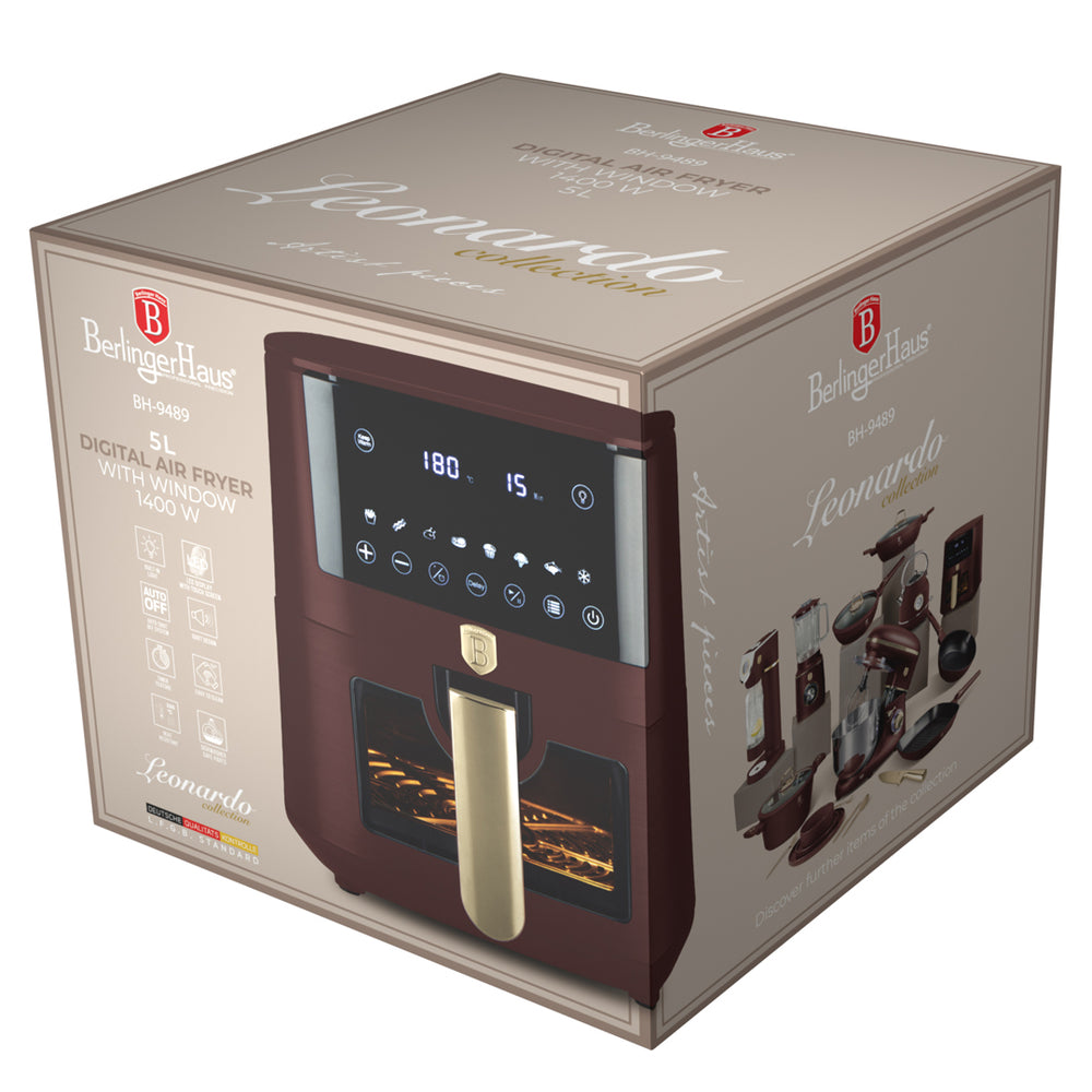 BerlingerHaus Airfryer XL Mate Burdeos - con Ventana de Visualización - 5 Litros - 1400W