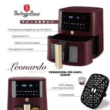 BerlingerHaus Airfryer XL Mate Burdeos - con Ventana de Visualización - 5 Litros - 1400W