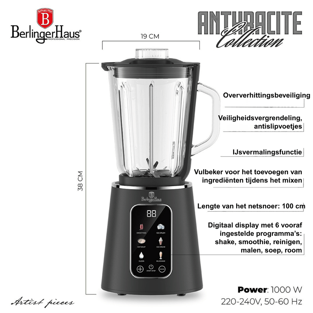 BerlingerHaus batidora digital mate antracita - jarra de vidrio - 1.5 litros - 1000W