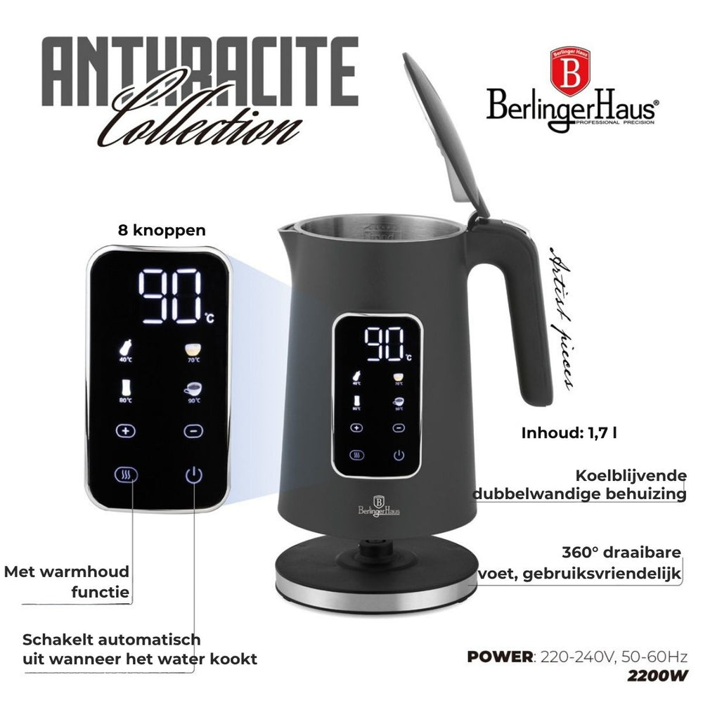 BerlingerHaus kettle Digital Mat Antraciet - Temperature setting - 1.7 liter - 2200W