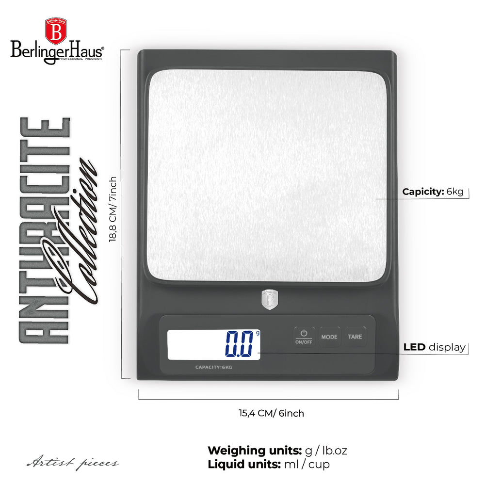 BerlingerHaus Balanzas de Cocina Digitales Antracita - Máximo 6 kg