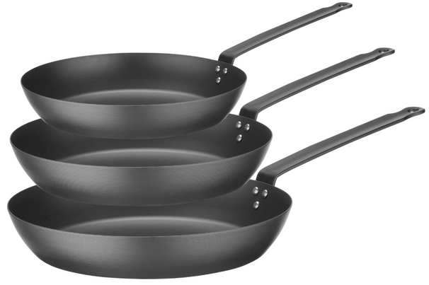 Blackwell Set de Sartenes de Carbono Acero 3 piezas - ø 20, 24 & 28 cm - adecuado para todas las fuentes de calor - sin recubrimiento antiadherente