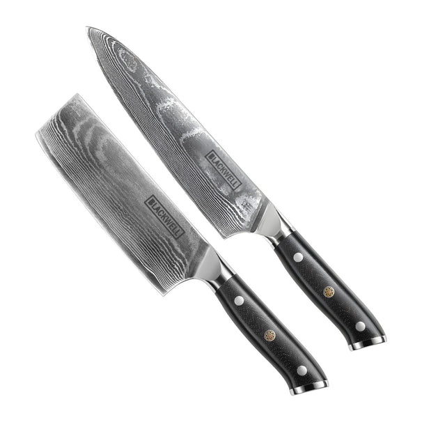 Set de cuchillos Blackwell (Cuchillo de chef + Cuchillo para verduras / Nakiri) - Estilo japonés - Acero damasco de 67 capas - VG10 - 2 piezas
