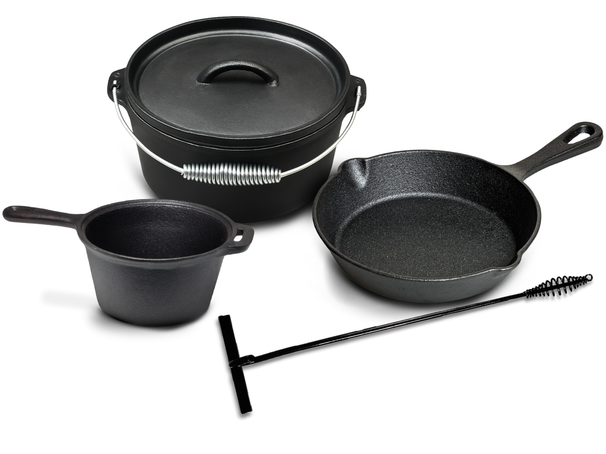 Blackwell Set Dutch Oven BBQ de hierro fundido 4 piezas Cacerola + Elevador, Sartén ø 20 cm y Cazo 18 cm - apto para todas las fuentes de calor - sin recubrimiento antiadherente