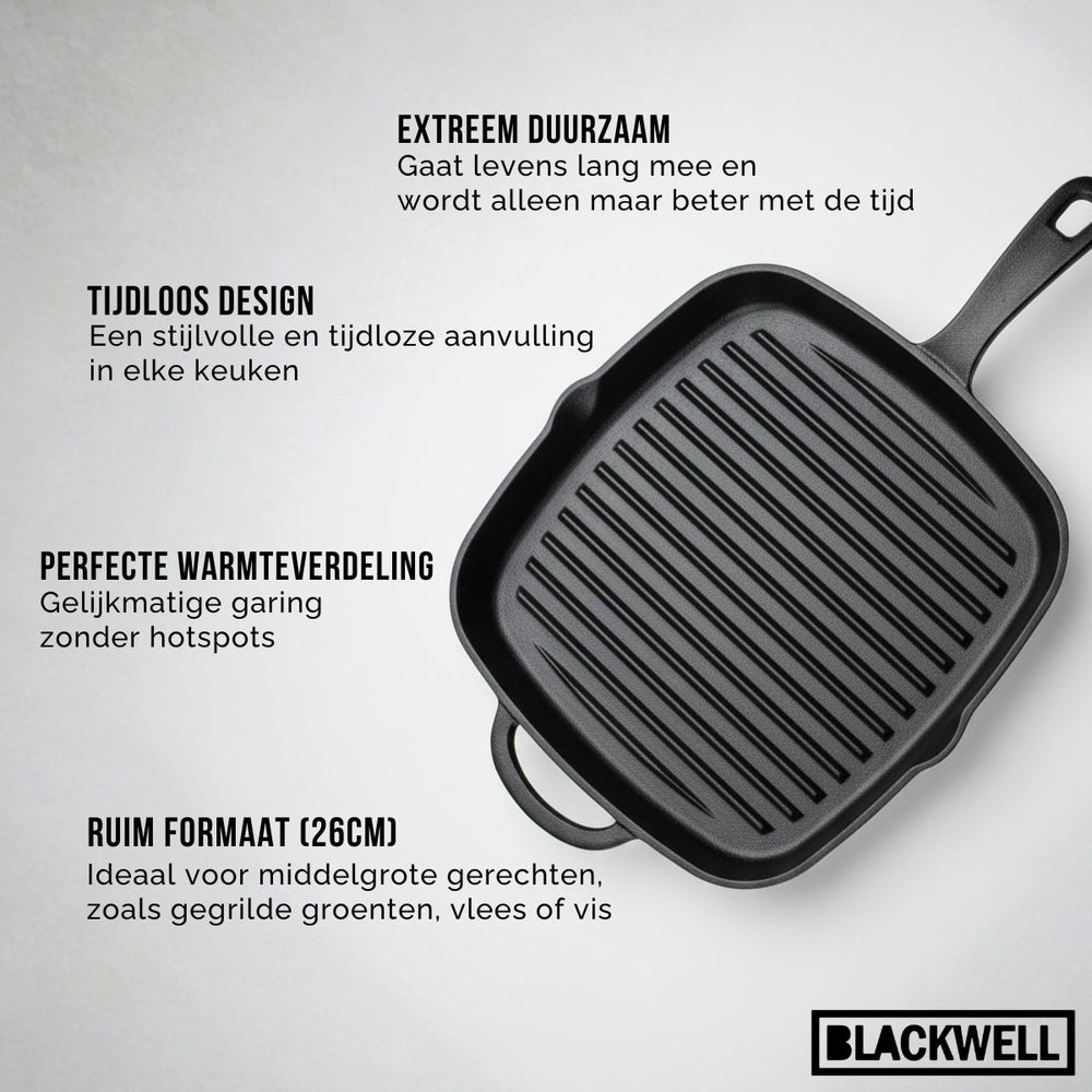 Blackwell grillpan hierro fundido - 26 x 26 cm - geschikt voor alle warmtebronnen - zonder anti-aanbaklaag