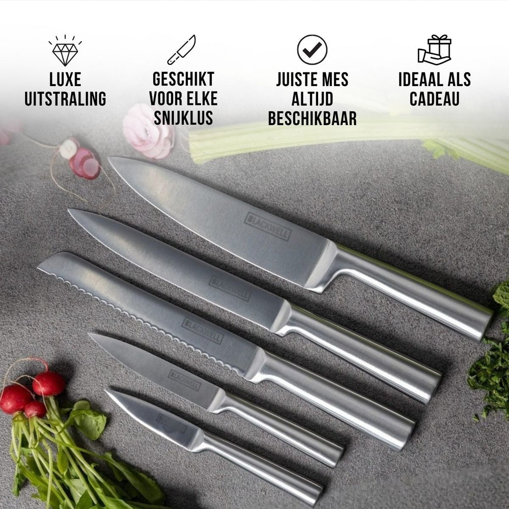 Bloque de cuchillos Blackwell - Cuchillo de chef, cuchillo para pan, cuchillo para carne, cuchillo de oficina y pelador - Juego de 6 piezas