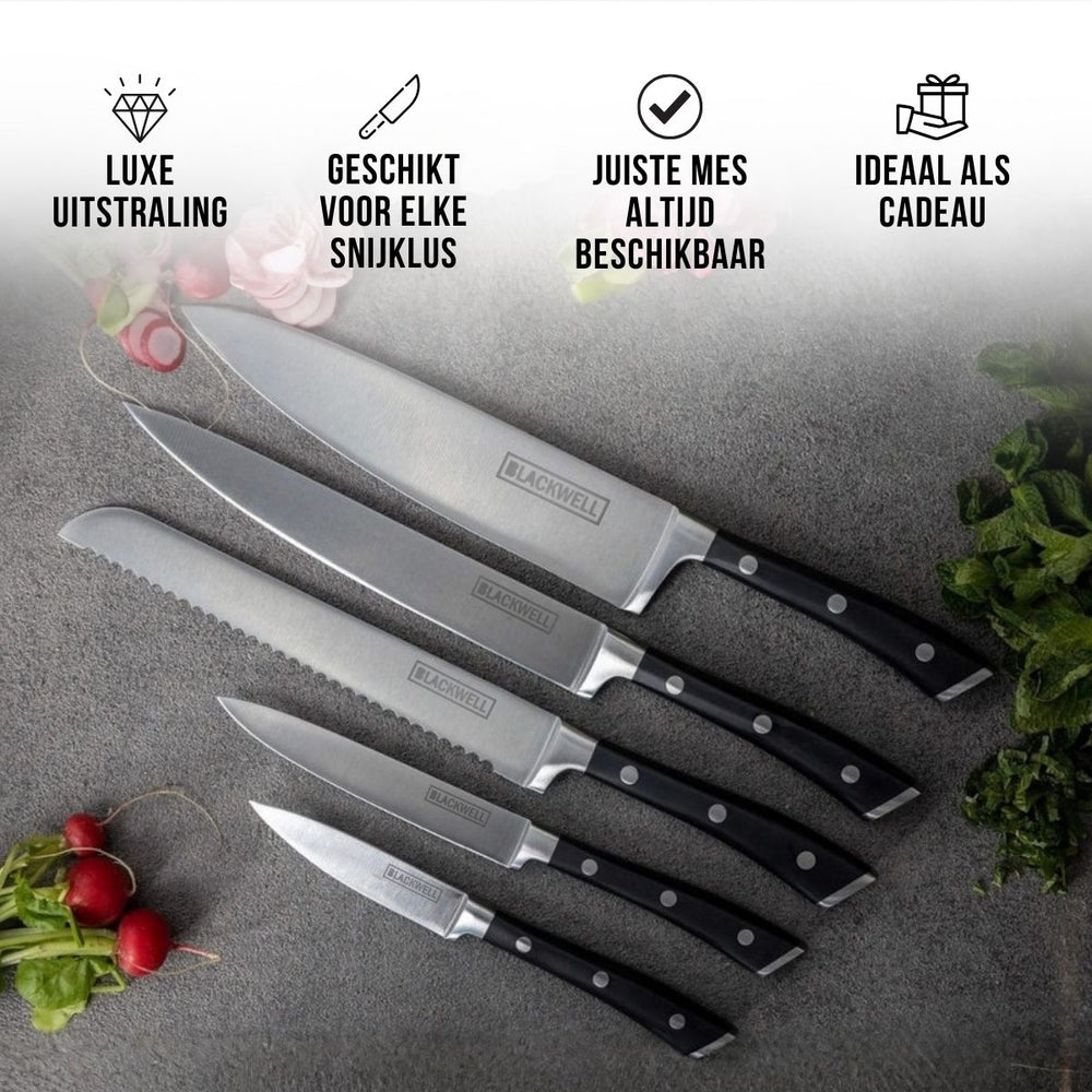 Bloque de cuchillos Blackwell - Deluxe - Cuchillo de chef, cuchillo para pan, cuchillo para carne, cuchillo de oficina y cuchillo pelador 6 piezas