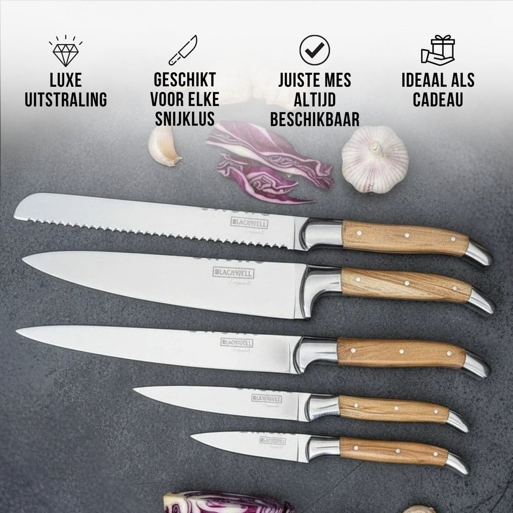 Bloque de cuchillos magnético Blackwell - Set de cuchillos de chef - Laguiole - Madera de olivo - Cuchillo de chef, cuchillo de pan, cuchillo de carne, cuchillo de oficina y cuchillo pelador 6 piezas
