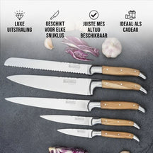 Bloque de cuchillos magnético Blackwell - Set de cuchillos de chef - Laguiole - Madera de olivo - Cuchillo de chef, cuchillo de pan, cuchillo de carne, cuchillo de oficina y cuchillo pelador 6 piezas