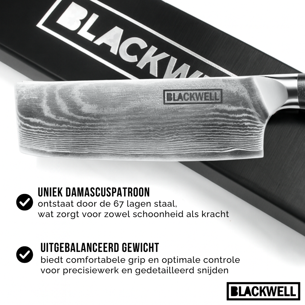 Cuchillo Nakiri Blackwell para verduras estilo japonés - 67 capas de acero damasco - VG10 - 17,5 cm