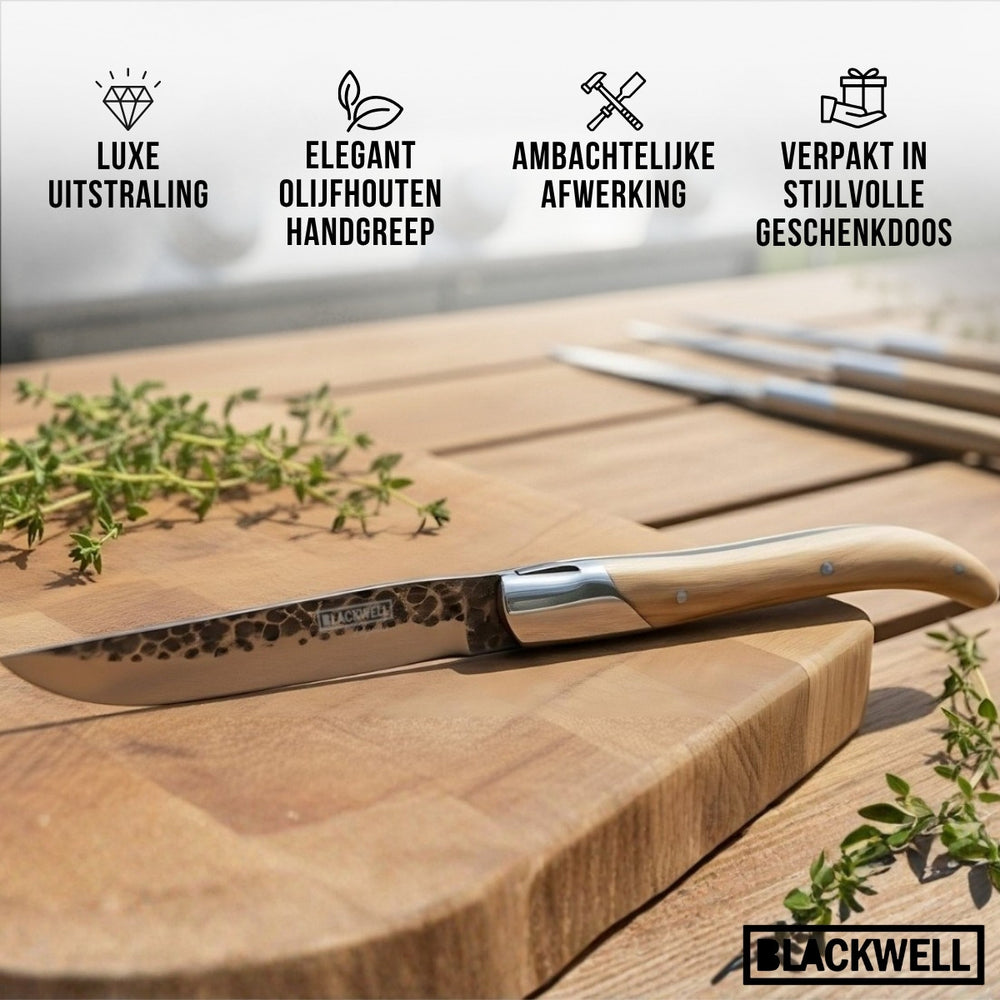 Cuchillos de bistec Blackwell Laguiole - Raw Black Lemmet - Madera de olivo - 6 piezas