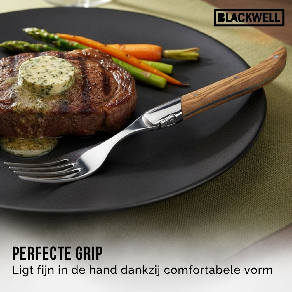 Cubiertos para steak Blackwell Laguiole - Cuchillos y tenedores para steak - Madera de olivo - 12 unidades