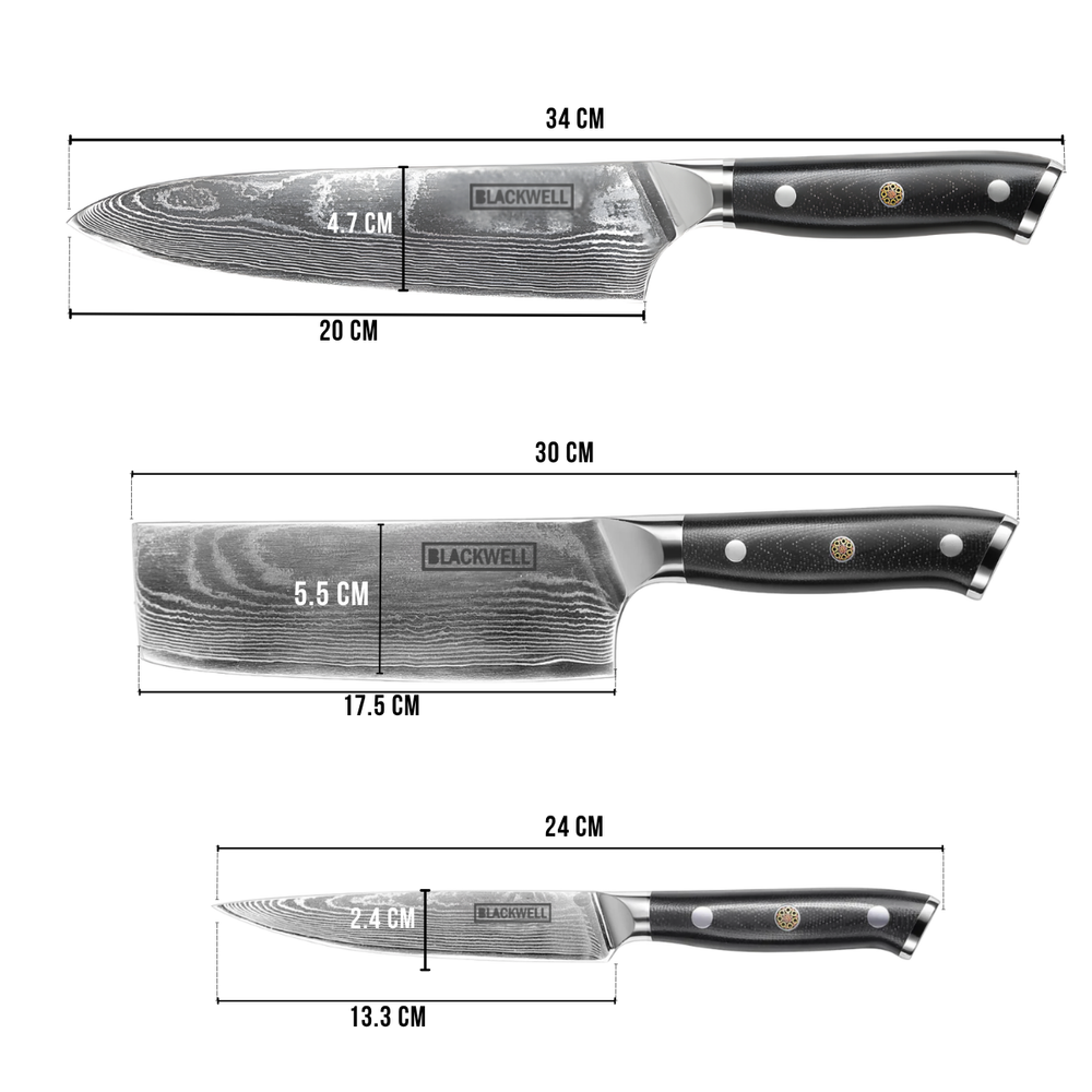 Set de cuchillos Blackwell (Cuchillo de chef + Cuchillo para verduras + Cuchillo de oficina) - Estilo japonés - Acero damasco de 67 capas - VG10 - 3 piezas