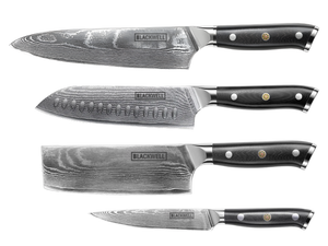 Set de cuchillos Blackwell (Cuchillo de chef + Cuchillo Santoku + Nakiri + Cuchillo de oficina) - Estilo japonés - Acero damasco de 67 capas - VG10 - 4 piezas