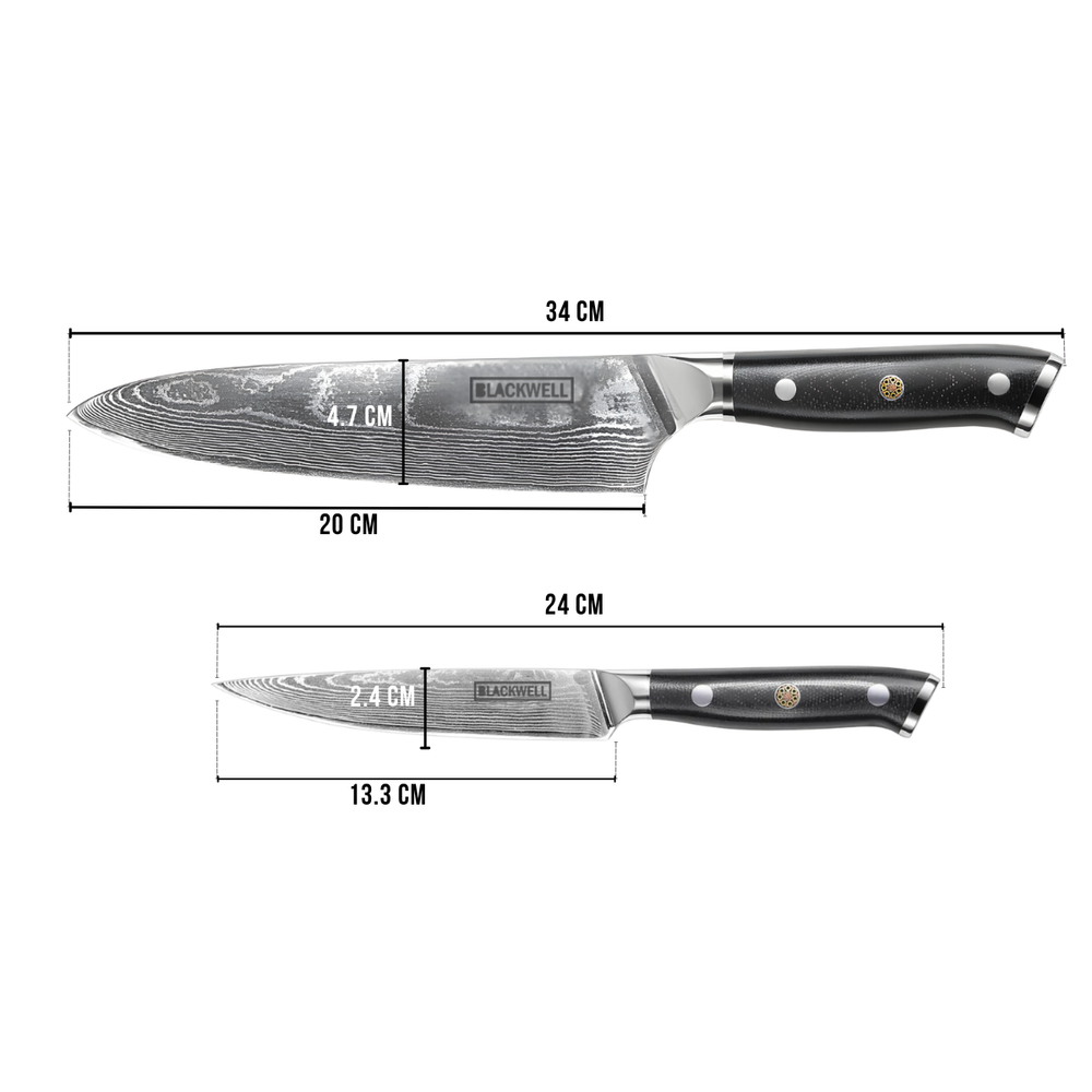 Set de cuchillos Blackwell (Cuchillo de chef + Cuchillo de oficina) - Estilo japonés - Acero damasco de 67 capas - VG10 - 2 piezas
