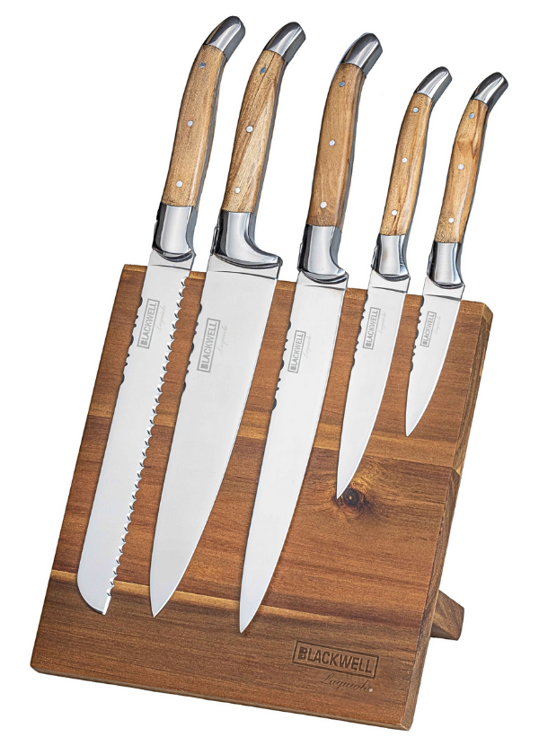 Bloque de cuchillos magnético Blackwell - Set de cuchillos de chef - Laguiole - Madera de olivo - Cuchillo de chef, cuchillo de pan, cuchillo de carne, cuchillo de oficina y cuchillo pelador 6 piezas