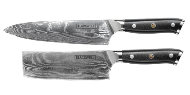 Set de cuchillos Blackwell (Cuchillo de chef + Cuchillo para verduras / Nakiri) - Estilo japonés - Acero damasco de 67 capas - VG10 - 2 piezas