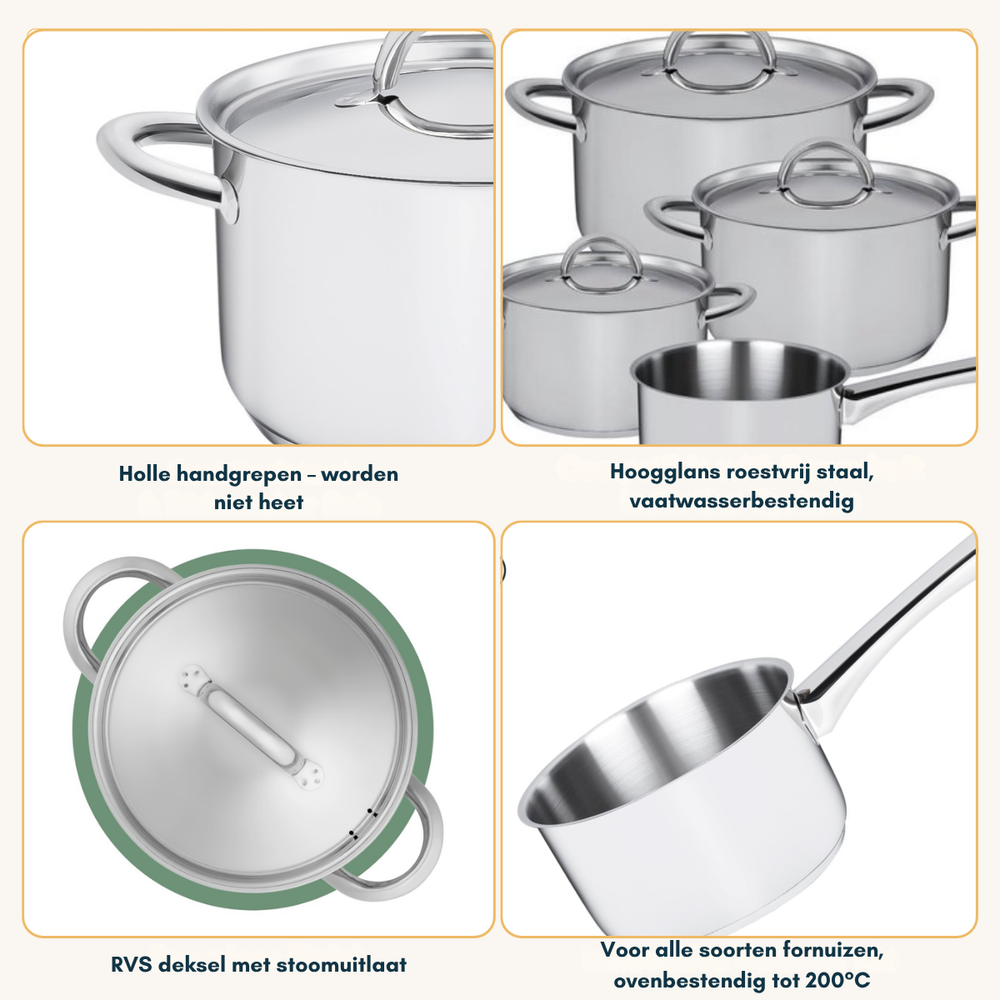 Sola Set de ollas Blizz 4 piezas Acero inoxidable - Olla de cocina ø 16, 18, 20 cm y cazo ø 16 cm - apto para todas las fuentes de calor